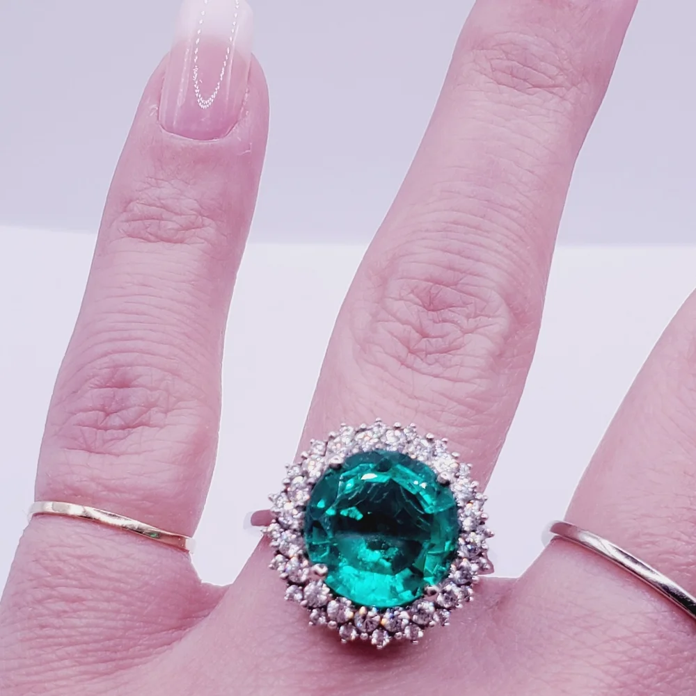Emerald Green Quartz & White Zircon Sunburst Halo Ring Platinum Over Silver